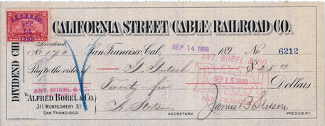 California Street Cable Railroad Co., dividend check, 1898, Alfred > Antoine Borel